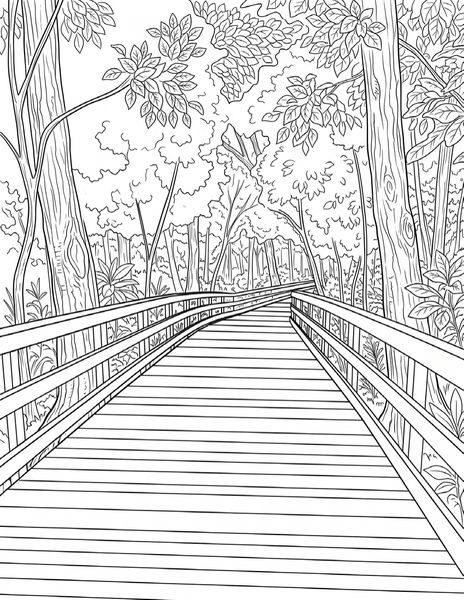 Wooded boardwalk trail coloring page
